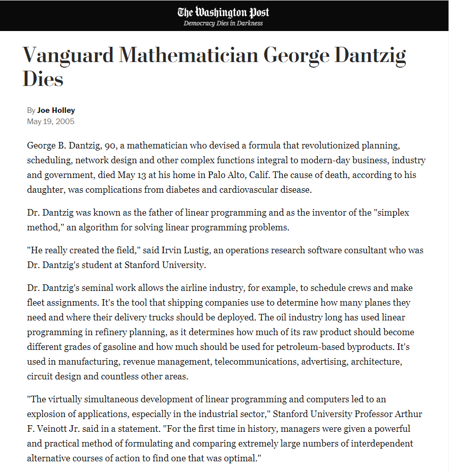 Washington post obituary of George Dantzig.